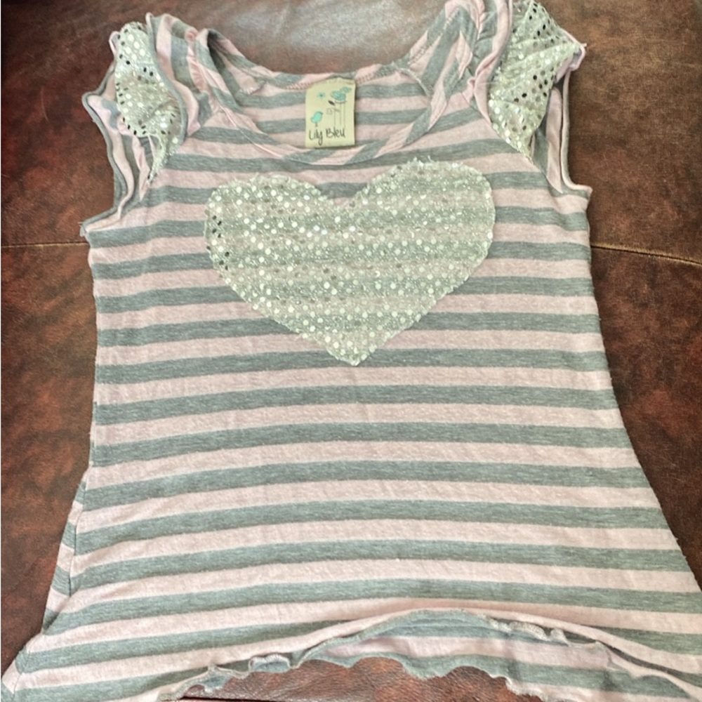Lily Bleu Pink and Gray Striped Tee with Sequin Heart